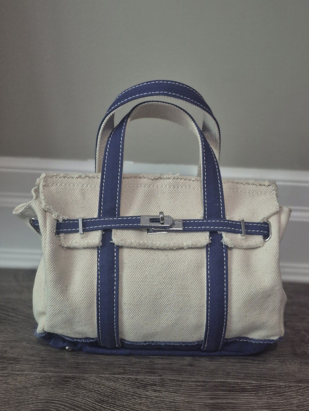 Boatkin Mini Canvas Cream Blue Birkin Style Tote Bag. NEW